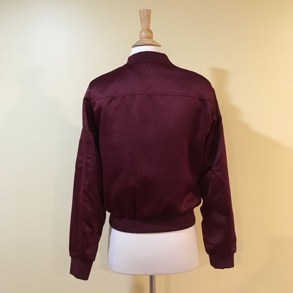 Burgundy Quilted Satin Zip Front Bomber Jacket - Picture 8 of 8